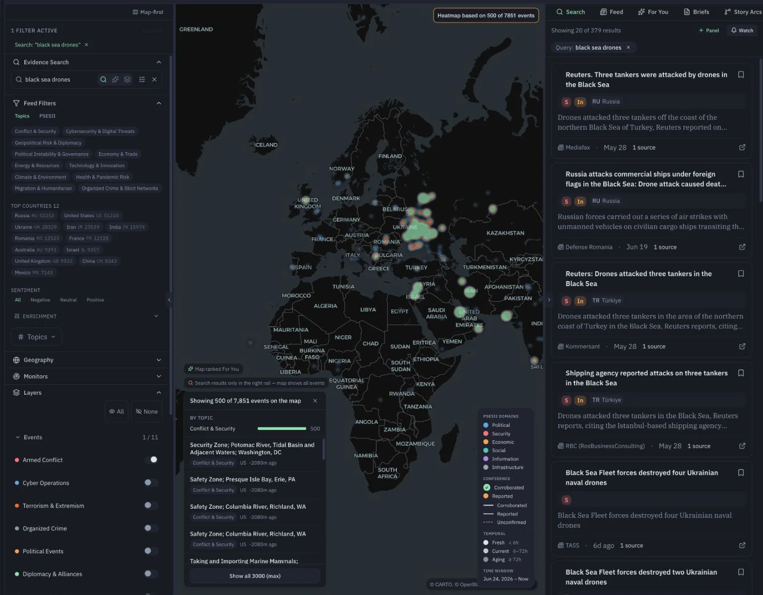 pulsEva command center showing a Black Sea drone evidence search