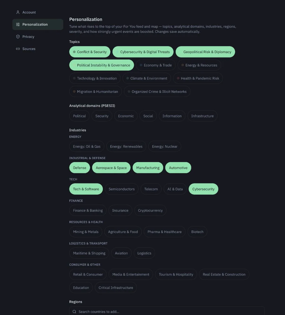 pulsEva personalization settings for topics, domains, industries, regions, and severity